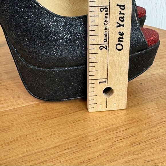 Christian Louboutin Lady Peep Glitter Platform Slingback Pumps Black Red 37.5 - Picture 13 of 16